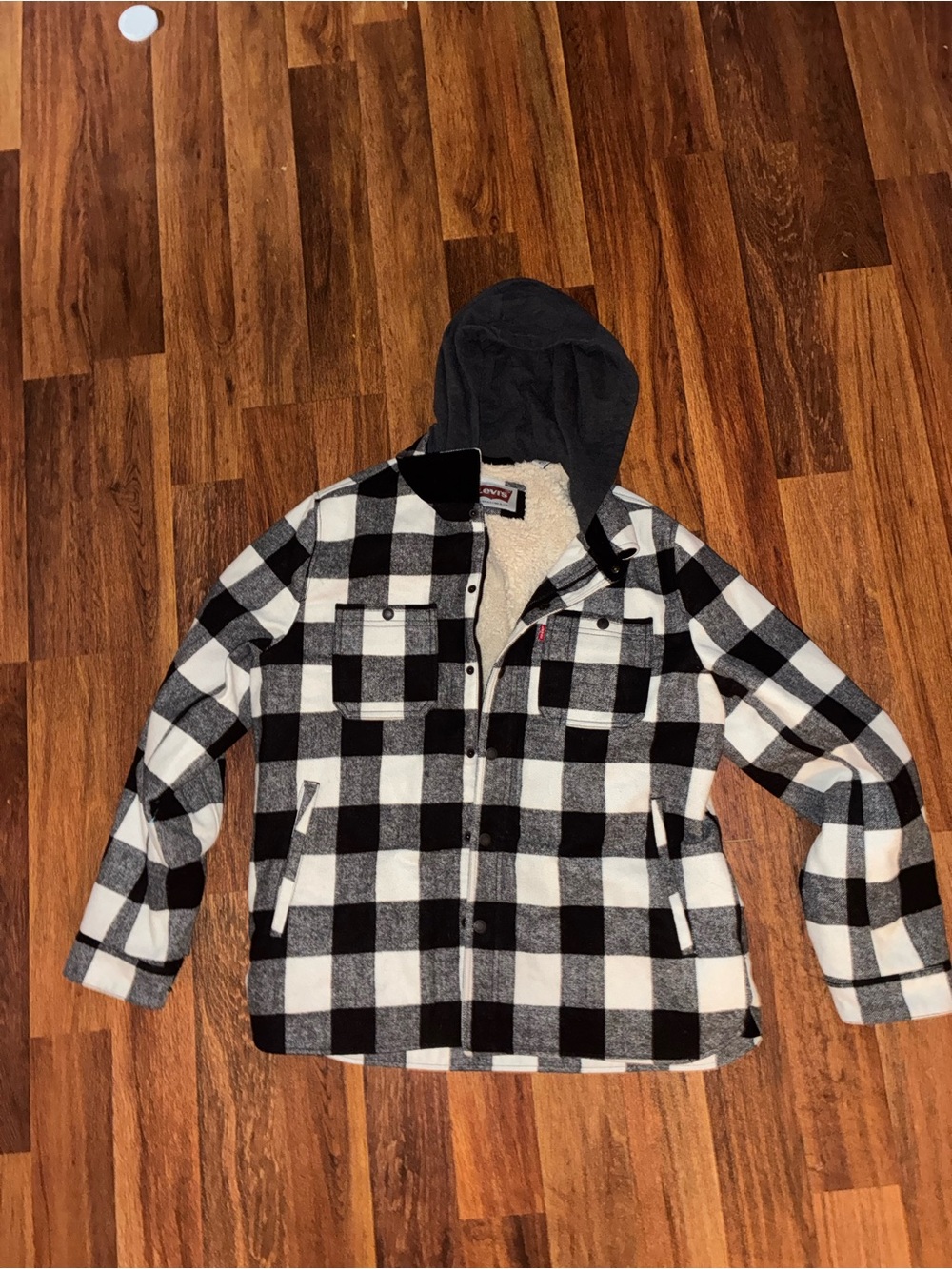 Levi's Black & White Buffalo Plaid Sherpa-Lined Hooded Shirt Jacket